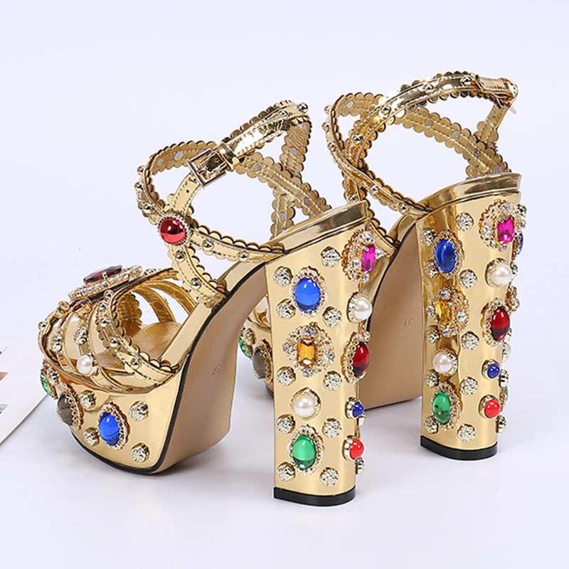 Женские сандалии гладиаторы красочные стразы на массивной платформе и высоком