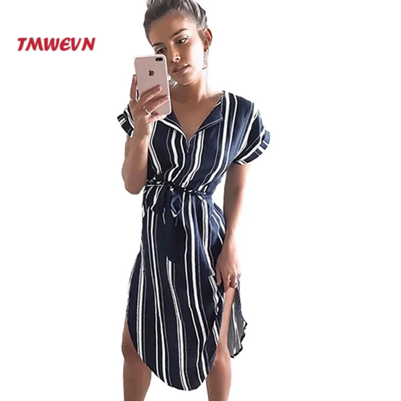 Printed V-neck Short Sleeve Irregular High Waist Ladies Casual Dress