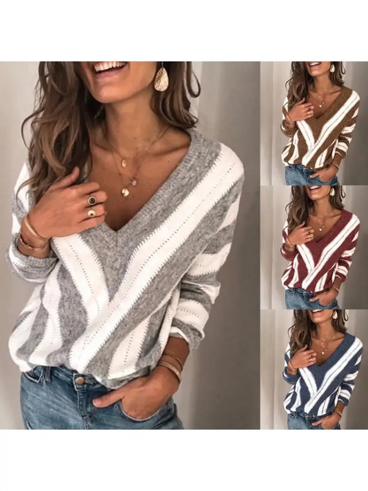 

Women Autumn Long Sleeve Pullover Sweater Sexy Deep V-Neck Striped Knitted Tops Casual Loose Jumper Shirt Streetwear