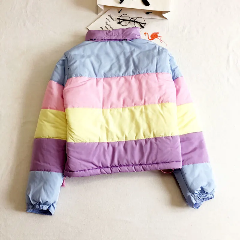 Женское пальто, большие размеры, Harajuku Parkas, короткая стеганая Повседневная теплая куртка, Полосатая Зимняя одежда, радужная полоска, комбинированная пушистая парка