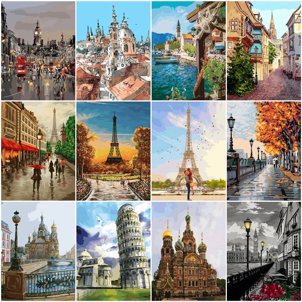 

HUACAN картина по номеру городской пейзаж рисунок на холсте Ручная роспись художественные картины по номеру башни наборы домашний Декор DIY под...