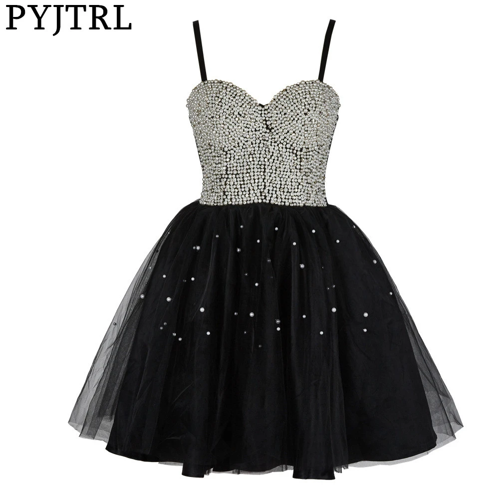 PYJTRL Womens Organza Fluffy Princess Mini Dress Black Pink White Elegant Heavy Beading High Waist Temperament Party | Женская одежда