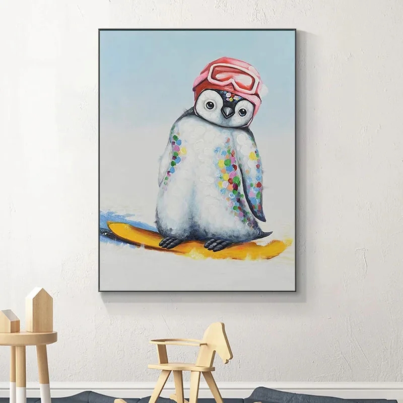 

Modern Hand Painted Colorful Animals Canvas Painting Cartoon Little penguin skiing Wall Art Picture for Kids Room Home Decor