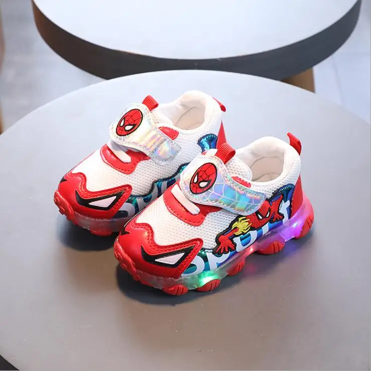 Children boys spiderman LED Sneakers Kids cartoon Sports Light Shoes boy PU Casual Boots Rubber Button sport shoes | Детская одежда и
