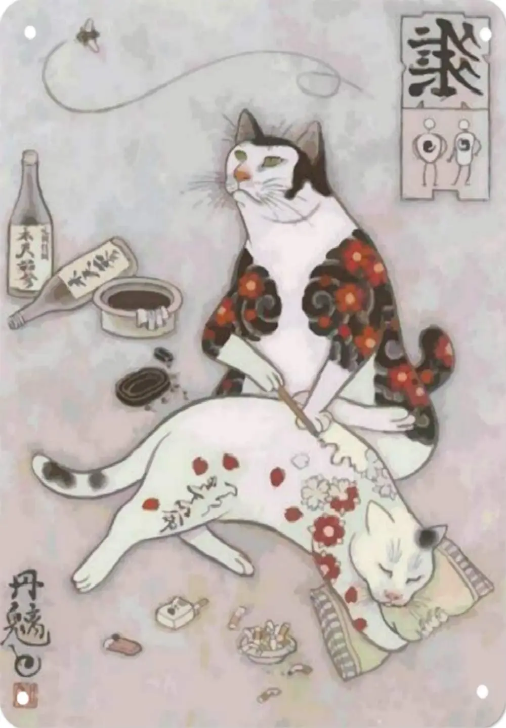 Фото Японский самурайский Кот татуированный металлическая стена искусство 8x12 дюймов