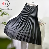 women elegant long pleated skirts spring autumn classic high waist solid vintage saias midi faldas
