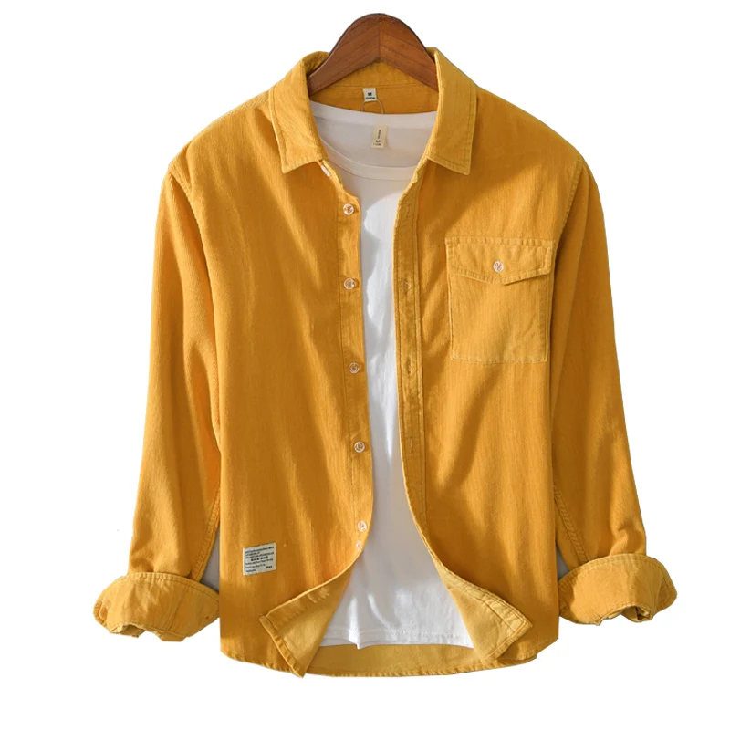 

Corduroy Shirt For Men Autumn New Yellow Long Sleeves Shirt Chest Pocket Design Vintage Warm Smart Casual Shirt Male Clothing