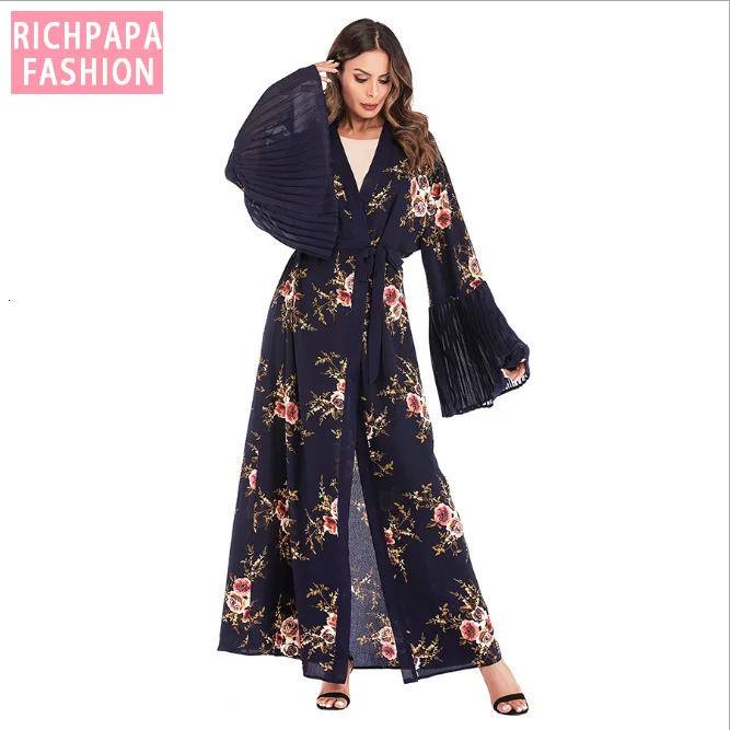 Макси Платье с расклешенным рукавом принт в мусульманском стиле кардиган