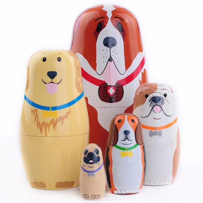

1Set Cartoon Dog Wooden Russian Nesting Dolls Wooden Matryoshka Doll DIY Handmade Crafts Ornament Birthday Gifts for Kids