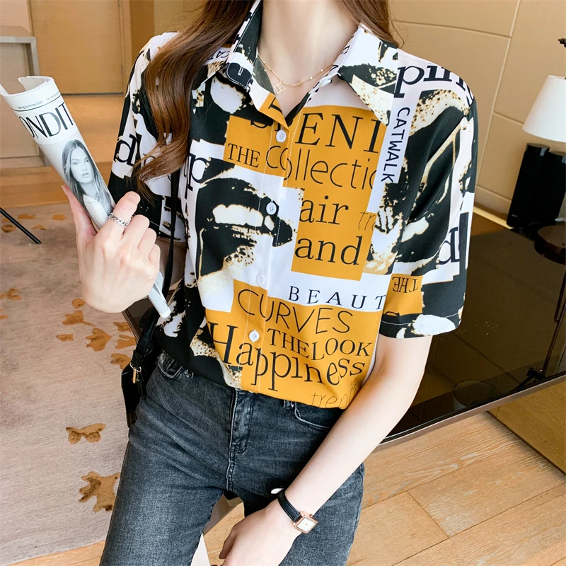 

Women Chiffon Blouses Casual letter Printed Shirts 2021 New Elegant V Neck Tops Vintage Holiday Style Long Sleeve Fashion Blusas