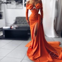 eeqasn orange long sleeve mermaid evening gowns 2 pieces women satin off the shoulder lace prom dresses split formal party dress