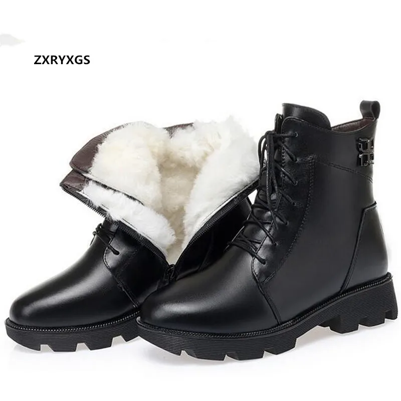 100% Natural Full Cowhide Winter Leather Boots Women Boots Black Thick Heel Non-slip Martin Boots Warm Wool / Plush Snow Boots