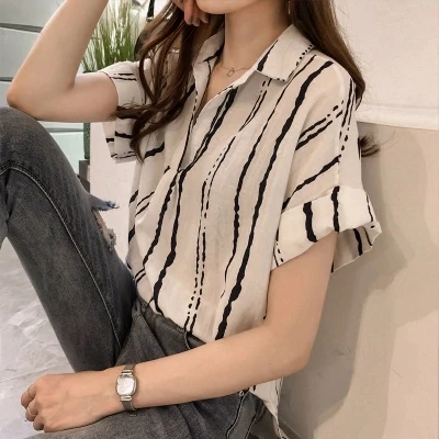 New 2020 Summer V Collar Stripe Printing Casual Women Blouse Shirt Chiffon Short Sleeve Sexy Female Clothing Blusas Tops | Женская