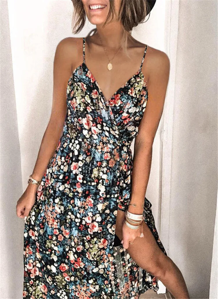 

2021 summer new style retro oil painting floral sling deep V-neck slit temperament female dress