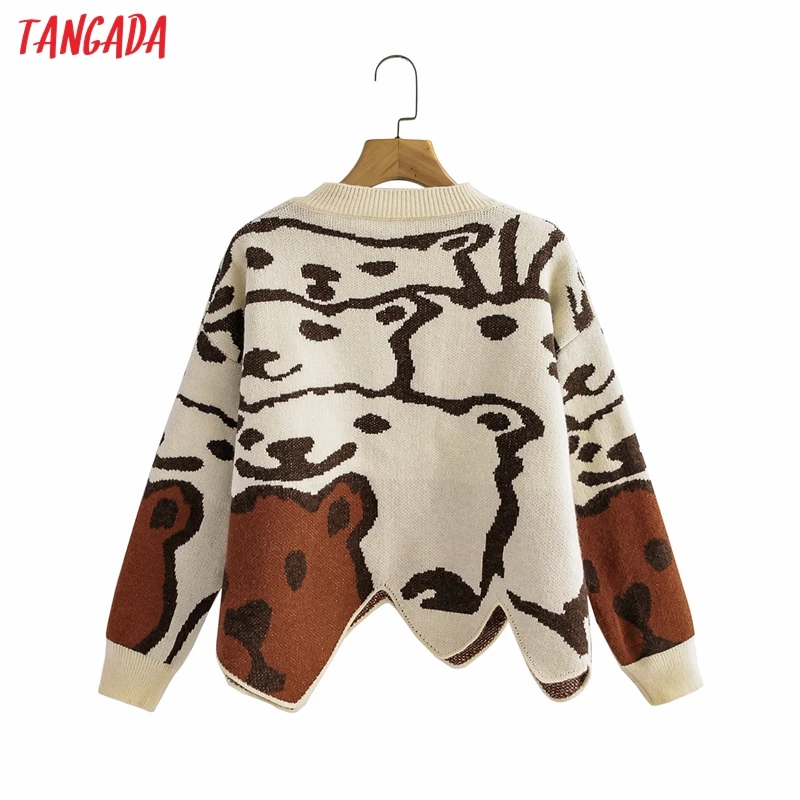 

Tangada Women 2021 Fashion Animal Crop Knitted Sweater Jumper Female Elegant Oversize Pullovers Chic Tops 1F259