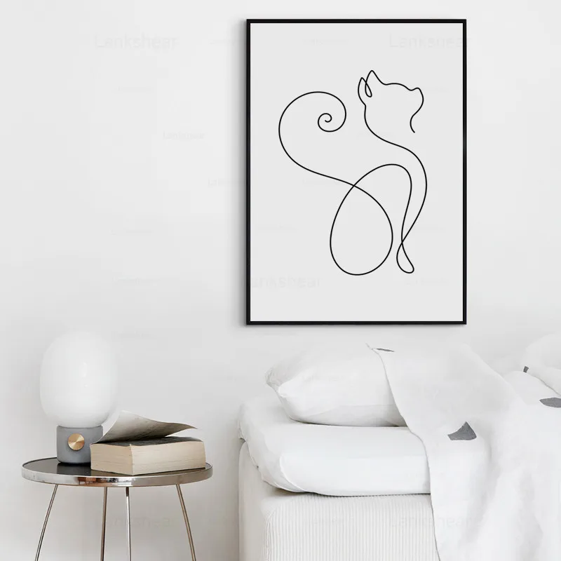 Минимализм с абстрактными линиями кривой животных кошка холст художественный