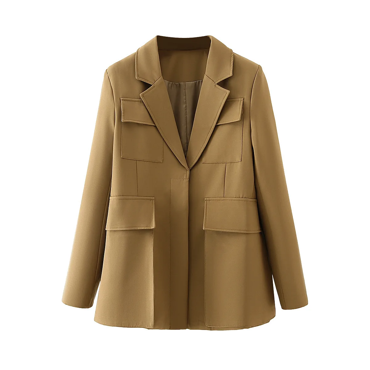 

Zoulv 2020 осень/зима для отдыха темпераментная элегантная драпировка цвета хаки Классический V нишевой дизайн карманов тонкая куртка Женский костюм