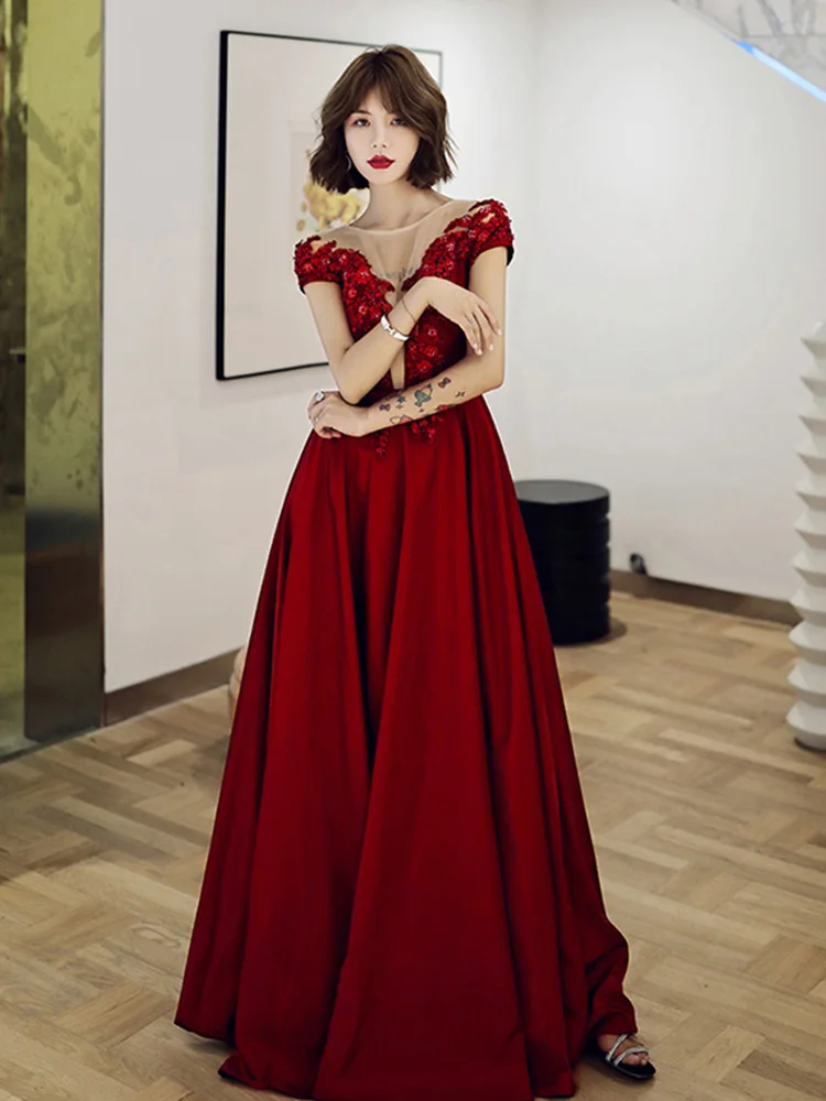 It's Yiya Вечернее Платье бордовое аппликации одежда с вышивкой de Soiree короткий рукав o-образным вырезом Формальные платья большого размера E1330