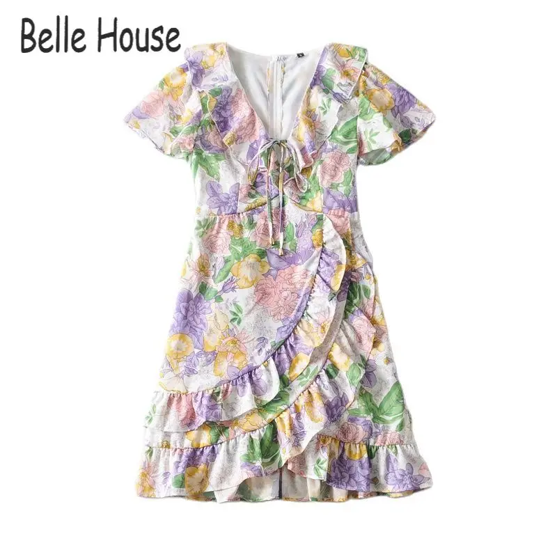 

Summer Holiday Ruffles Mini Dress Women Boho Floral Print Bow Tie 2021 Beach Ladies V Neck Zipper Short Sleeve Chic NZ0013
