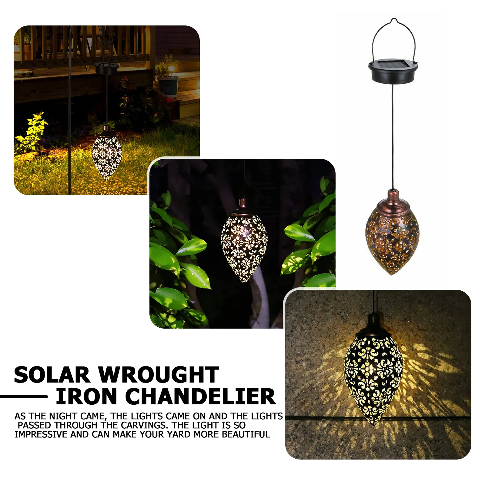 Solar Hanging Lights Lantern Water Drip Olive Shaped Metal Garden Art Lamp Waterproof Landscape for Outdoor Yard Decor