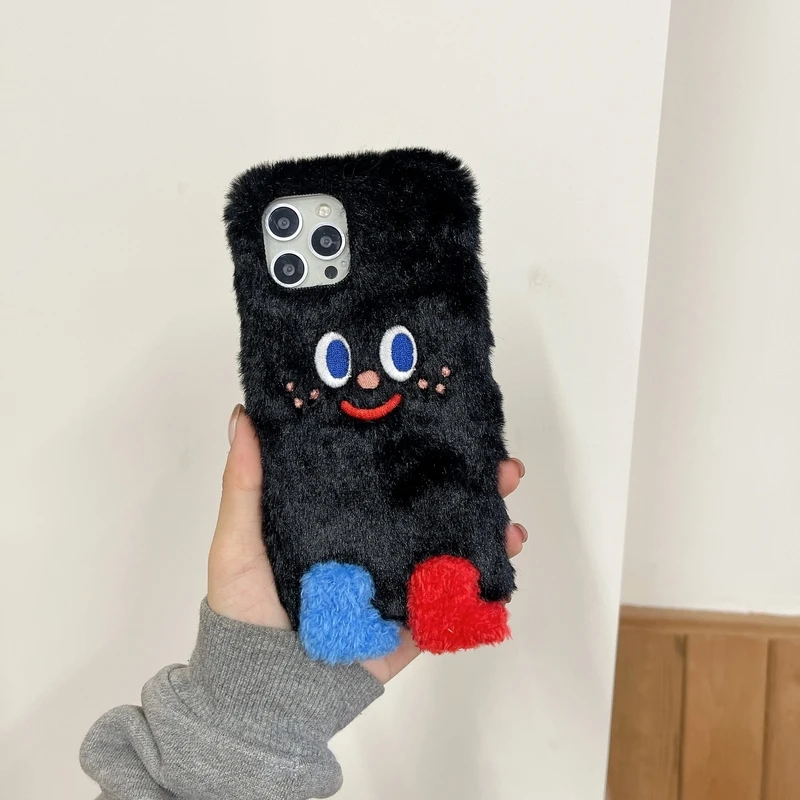 

Cute Cartoon Smile Soft Furry Phone Case for iPhone 13 12 11 Pro Max Capa Winter Warm Plush Cover for 7 8 Plus x xs Max XR Funda