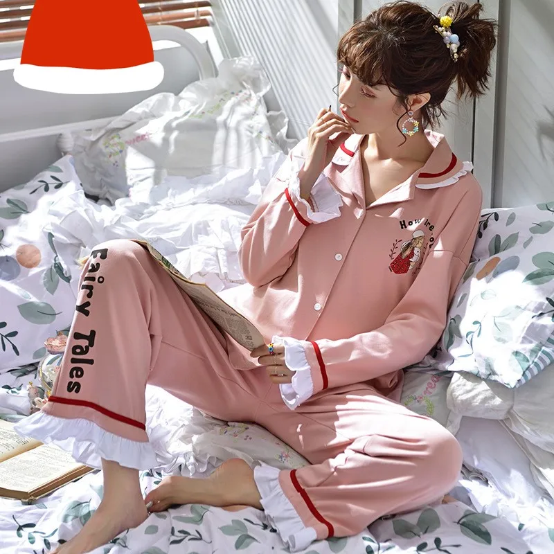 Женские весенние и осенние двухсезонные хлопковые розовые кружевные пижамы из