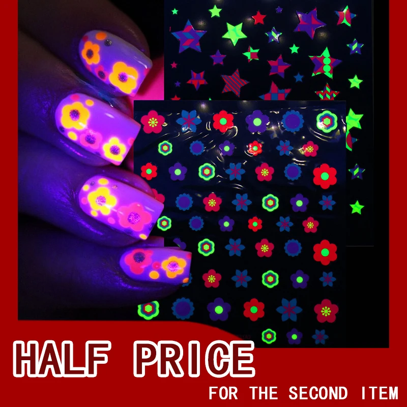 

8 Styles Fluorescent 3D Nail Color Geometric Flower Bow Applique Star Polka Dot Bow Nail Sticker