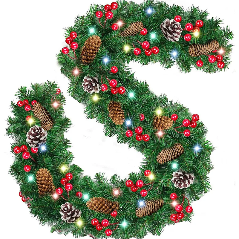 

2.7M PVC Artificial Christmas Wreath with LED Fireplace Garland Rattan Pine Tree Ornament Green New Year Navidad Decor