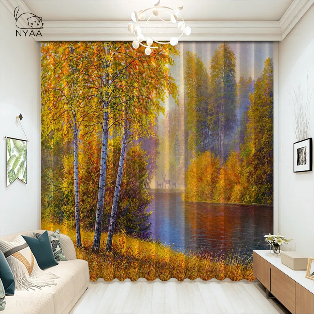 

Birch Trees In The Forest Summertime Wildlife Nature 3D Room Curtain Window Curtain Cafe Curtains For Living Room Micro Shading
