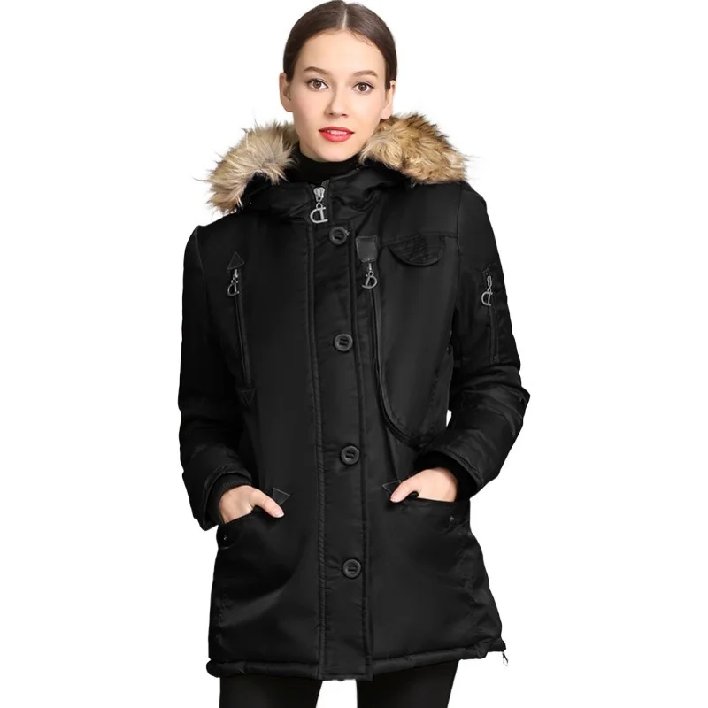 

2021 New Medium and Long Cotton Clothes Women's Multi Pocket Slim Fit Large Wool Collar Cotton Clothes Coat