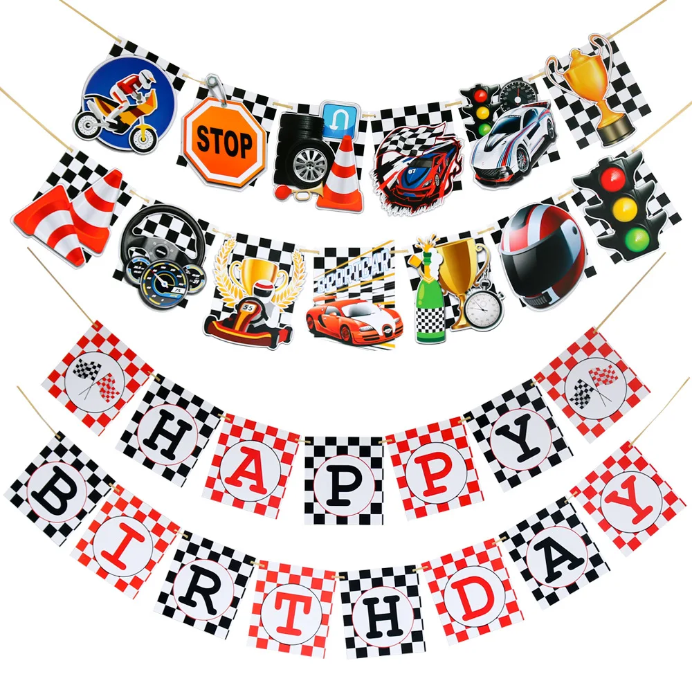 2 sets Happy Birthday Party Deco Banner Motorcycle Racing and Check XQ6 | Дом и сад