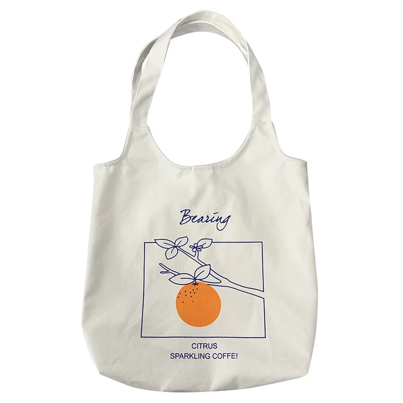 

2021 New Fruit Orange Canvas Bag Female Brand Designer Literary Vest Simple Portable Printing Shoulder Bag Handbag Bolsos Sac