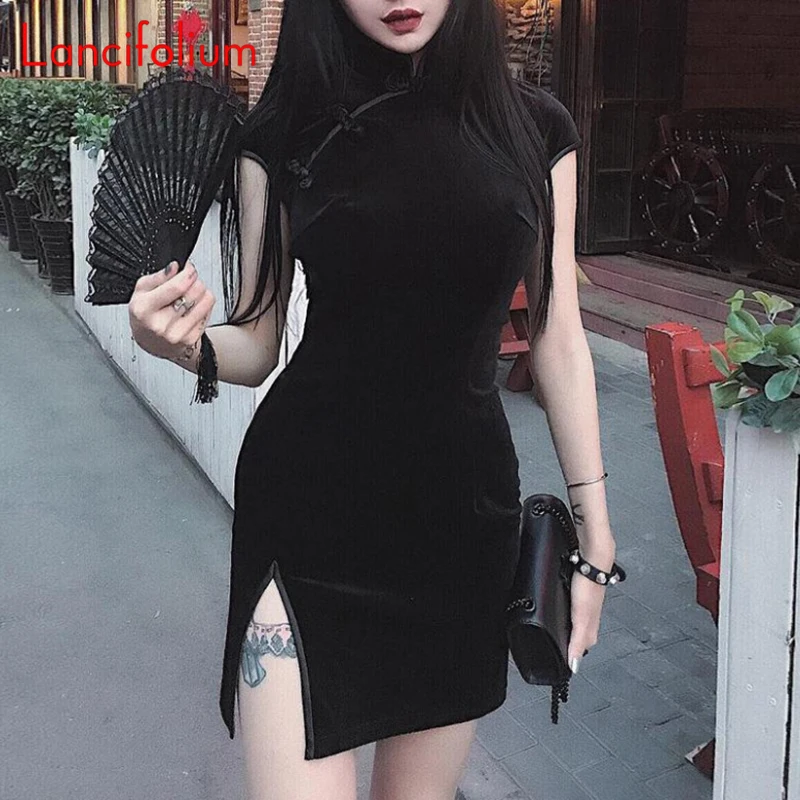 

Женское винтажное платье чонсам, черное облегающее мини-платье в китайском стиле, готическое бархатное платье с разрезом, Y2k