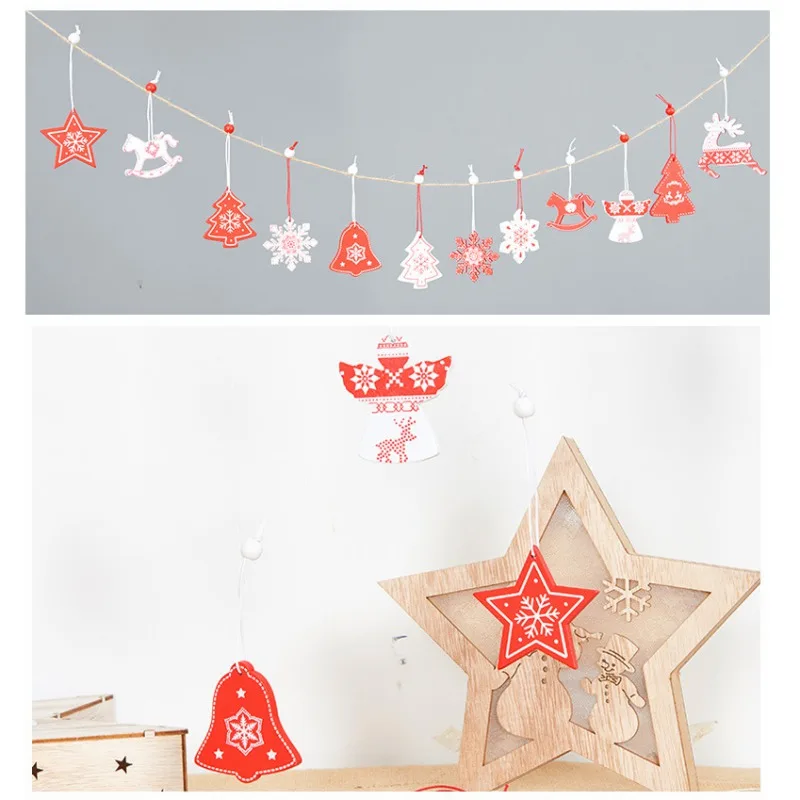 

New 12/pcs Christmas Accessories Wood Christmas Pendants Hanging Drop Ornaments For Holiday Home Bar Shop Decor DIY Craft