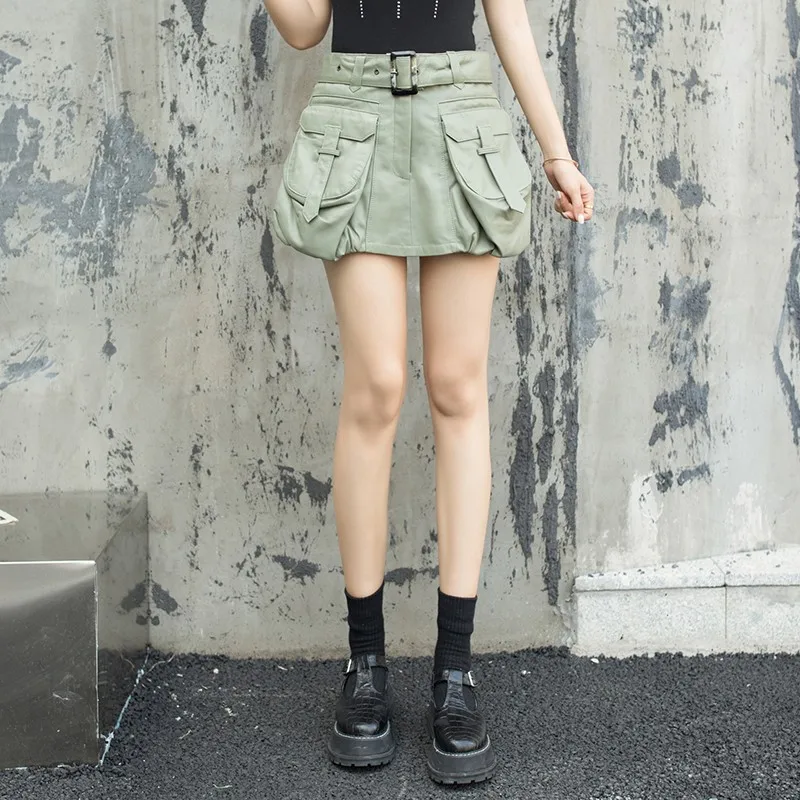 

Genuine Leather Women Cargo Shorts Skirts Sashes Loose Fit High Waist A-Line Shorts Fashion Big Pockets Sheepskin Mini Trousers