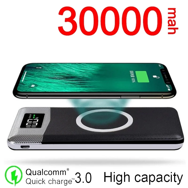 

30000 mAh Wireless Portable Fast Charger Power Bank With 2 Outputs Backup Battery LCD Display Compatible Smart Phones Tablet