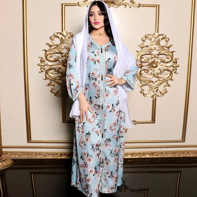 Пакистанское индийское длинное платье с юбкой, модный принт, Турция, Марокко Рамадан, элегантный халат с V-образным вырезом, абайя, Дубай, ким...