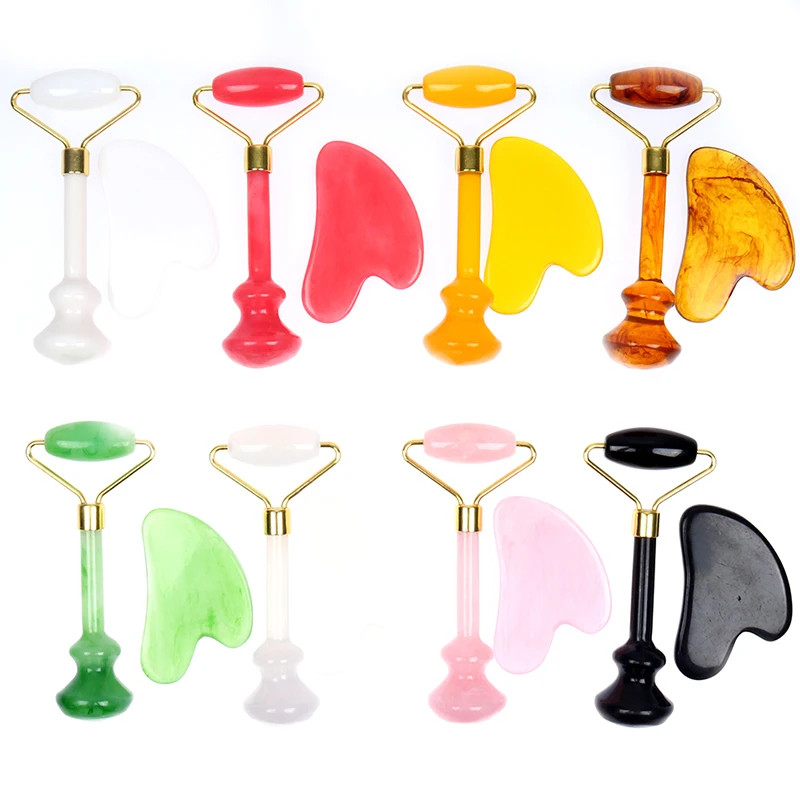 

Natural Jade Massage Roller + Guasha Board SPA Scraper Stone Facial Massager Set For Face Neck Back Body guasha slimming body