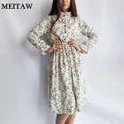 Женское вельветовое платье с цветочным принтом, длинным рукавом и воротником-стойкой