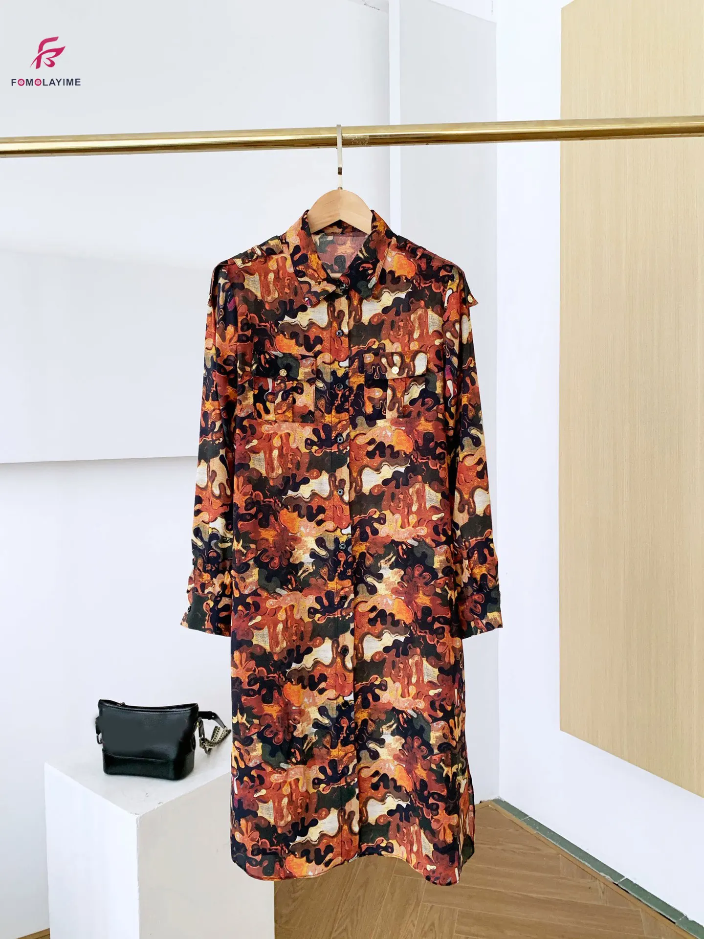 

2021 Autumn new style retro silk shirt dress female print dresses