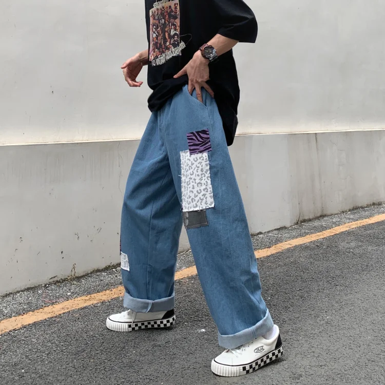 

Summer new bf high street retro jeans straight loose patch wide-leg pants