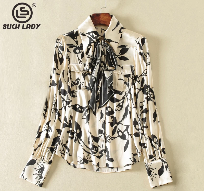

Женская рубашка из 100% натурального шелка, модная блузка с отложным воротником и длинными рукавами, со шнуровкой, бантом и принтом, топы