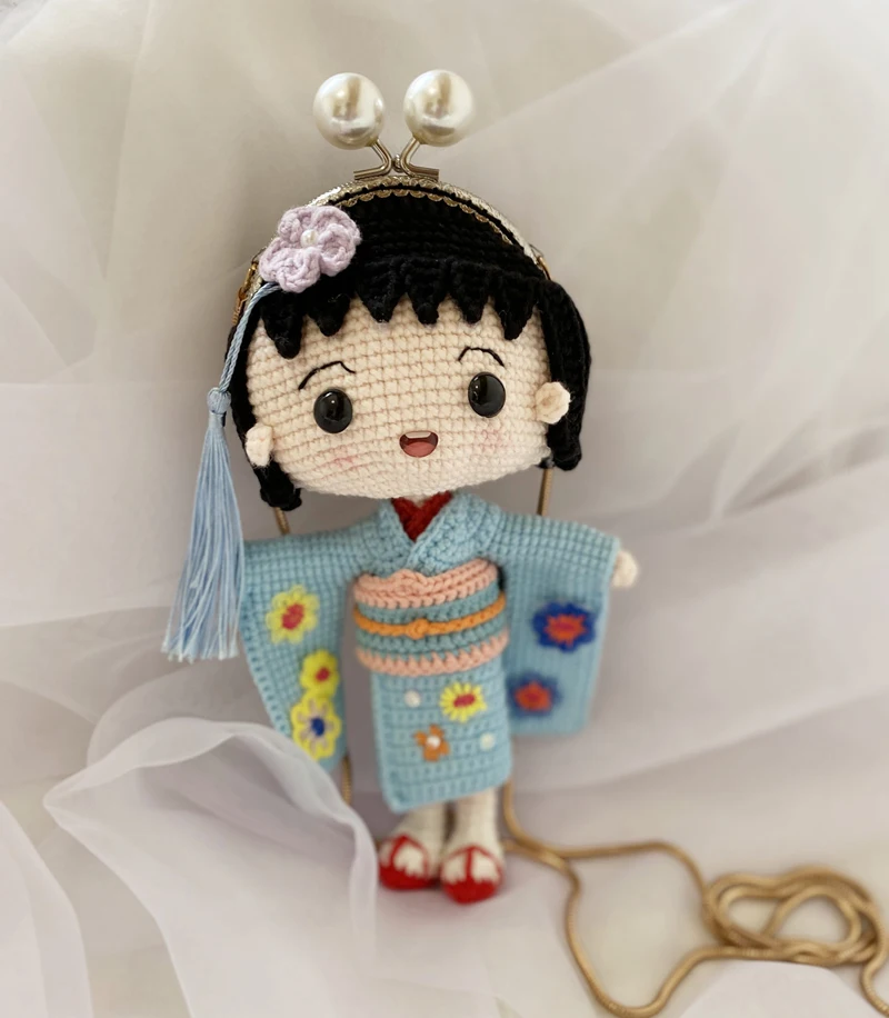 Knitting Dolls Kid Kimono girl Crochet Yarn Toys finished Knit Fabric Toy Knitted Bag Handmade Inclined shoulder bag | Игрушки и хобби