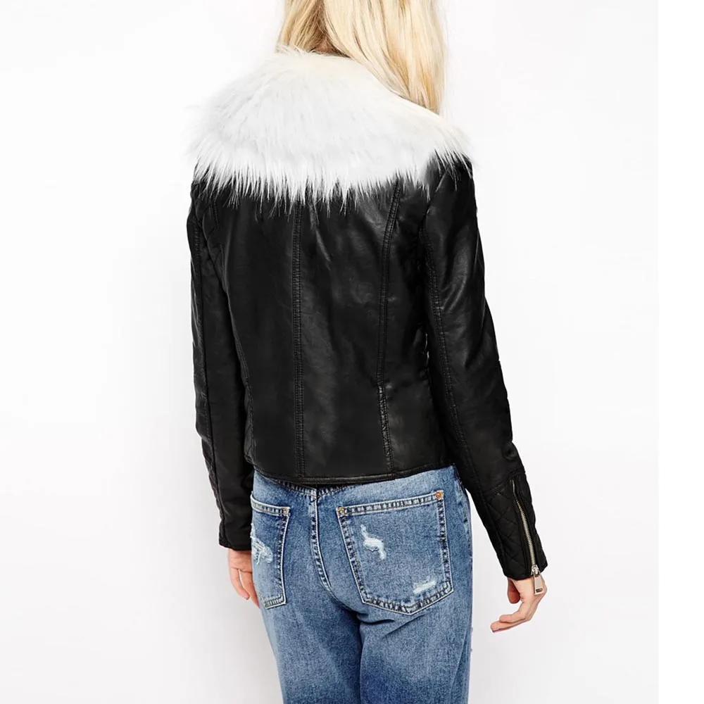 Женская теплая куртка из искусственной кожи с воротником искусственного меха