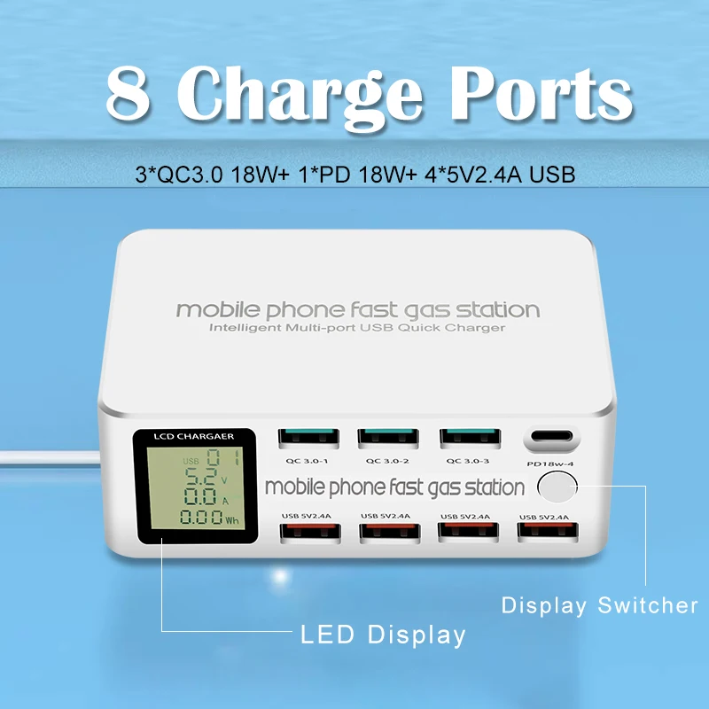 100w smart multi charging station 8 ports 3 type c 1 pd fast charging for mobile phone multi usb charger dock station with lcd free global shipping
