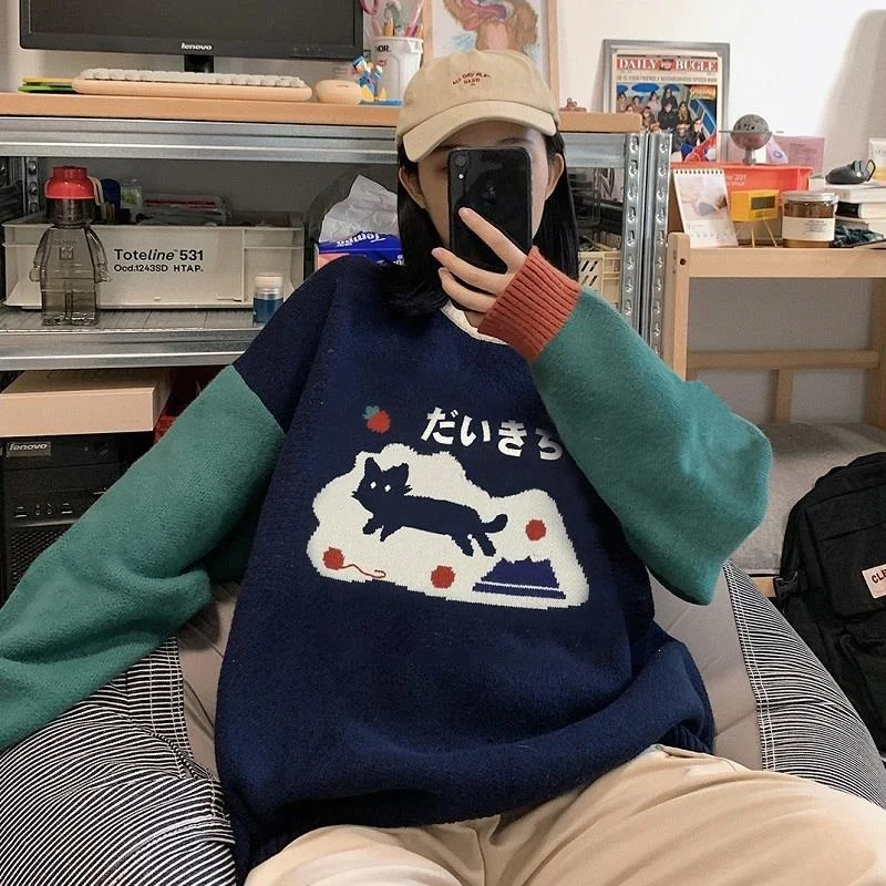 Вязаный белый свитер с котом милый женский длинным рукавом уличная одежда