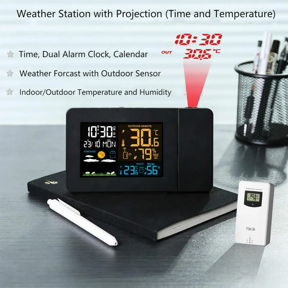 

LED Digital Projection Alarm Clock Temperature Thermometer Desk Time Date Display Projector Calendar USB Charger Table Led Clock