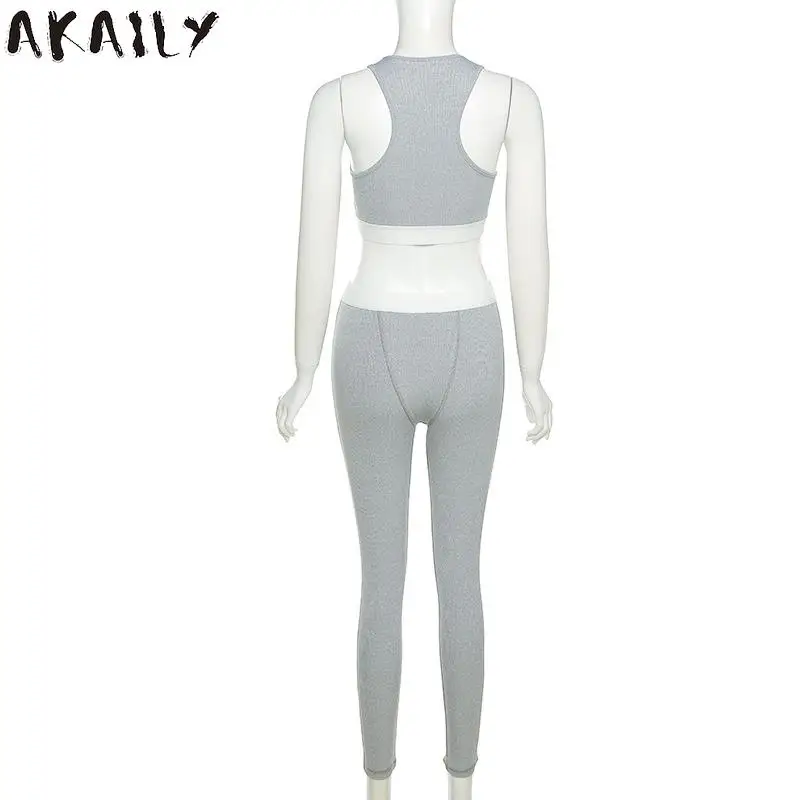 

Akaily Summer Sleeveless Sporty 2 Two Piece Sets Tracksuit Womens Outfits Crop Top Sweatpants Sets Female Fitness Matching Sets