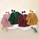 Модное осеннее платье для маленьких девочек, повязка на голову, 2 предмета, однотонное платье трапециевидной формы с длинными рукавами и бантом, 4 цвета