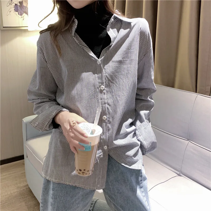 Женская рубашка в полоску Повседневная Свободная блузка с длинным рукавом